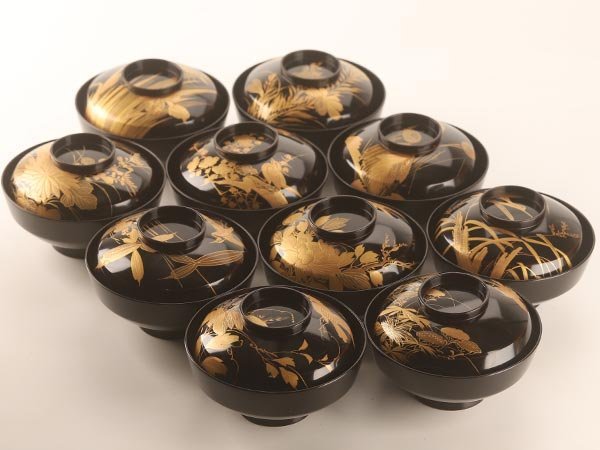 【流】木製漆器 黒塗図替花鳥蒔絵吸物椀十客 箱付 DF346