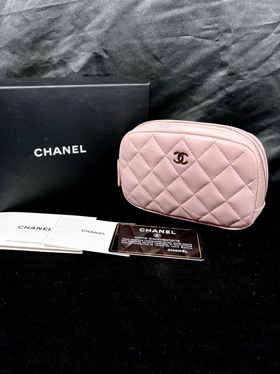 5E0705【本物保証】シャネル マトラッセ 化粧 ポーチ 小物入れ マルチ ケース キャビアスキン レザー ピンク ココマーク 32番台 CHANEL