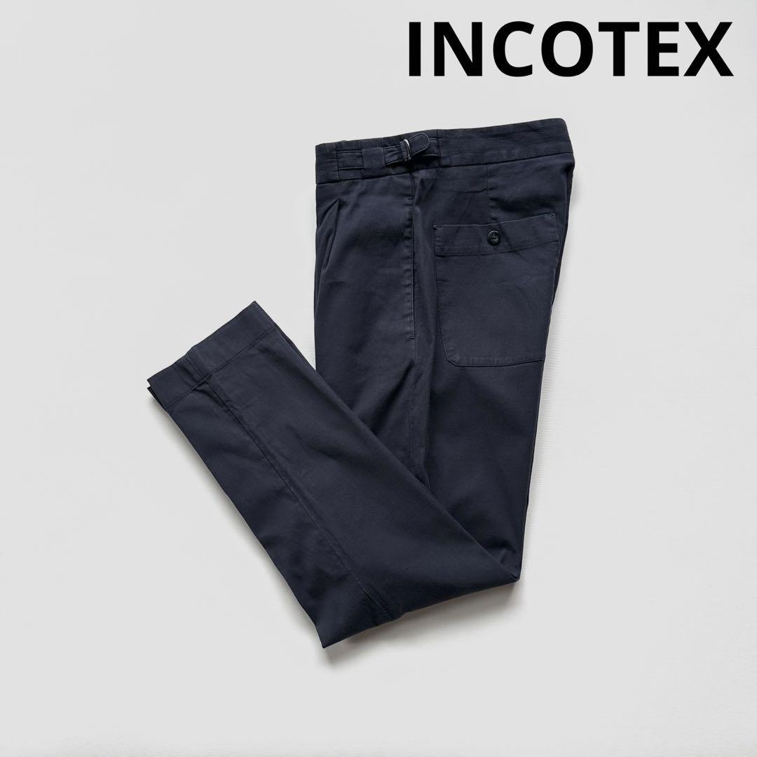 INCOTEX インコテックス コットン ストレッチ サイドアジャスター パンツ 44 ネイビー 紺 1プリーツ テーパード スラックス 国内正規