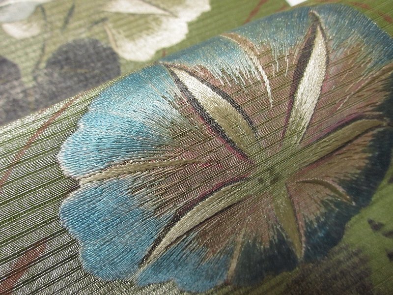ドークブア□夏帯 アンティーク 丸帯 絽 朝顔 刺繍 極上の逸品 C07
