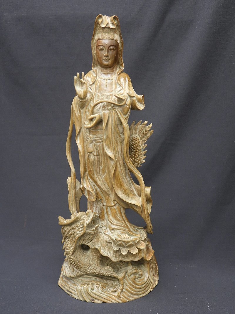集】042002緑檀木彫 龍上観音像 林洪英作 共箱 中国時代