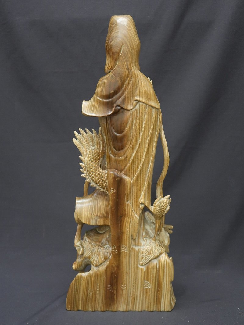 集】042002緑檀木彫 龍上観音像 林洪英作 共箱 中国時代