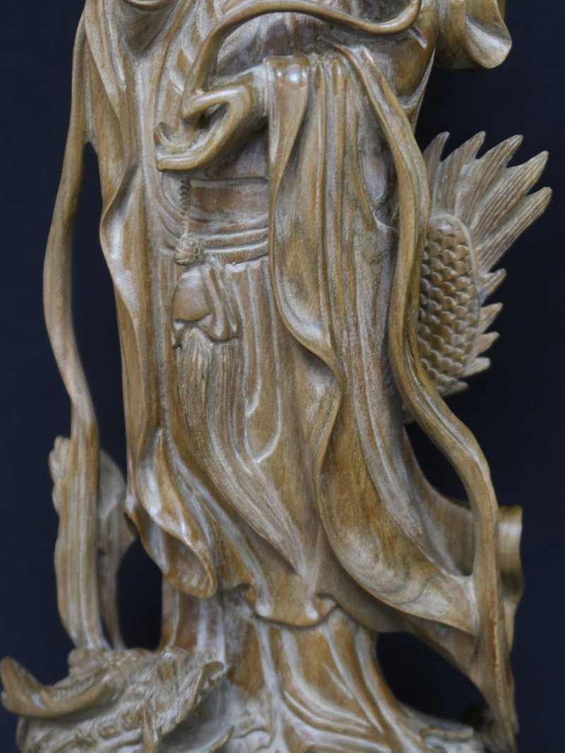 集】042002緑檀木彫 龍上観音像 林洪英作 共箱 中国時代