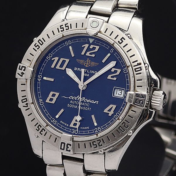 1円 ブライトリング A17350 AT/自動巻 コルトオーシャン 500M デイト ラウンド ネイビー文字盤 メンズ腕時計 0139700STU