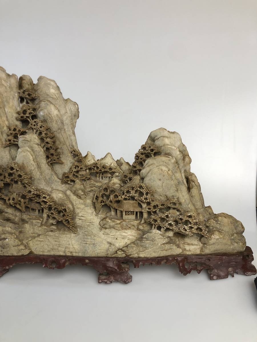 IZ0078 中国石彫刻置物 細密楼閣山水彫刻 寿山石か 中国古玩 中国古美術