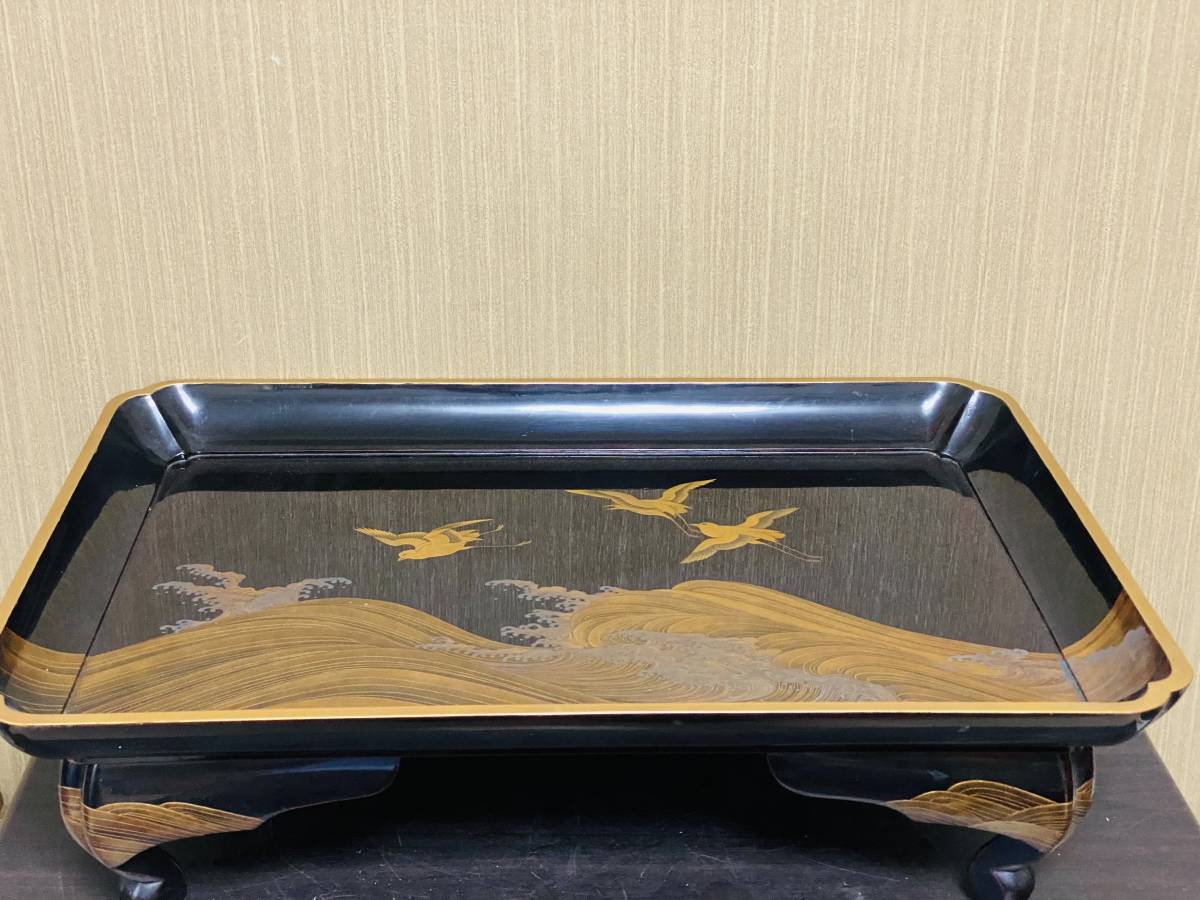 時代 光琳蒔絵 脇取盆 二枚 螺鈿 菊 金銀蒔絵 長方盆 広蓋 黒塗 MA404 黒塗 金蒔絵 鶴蒔絵 ツル 角盆 お盆 広蓋 香盆としても 梨子地 輪島塗