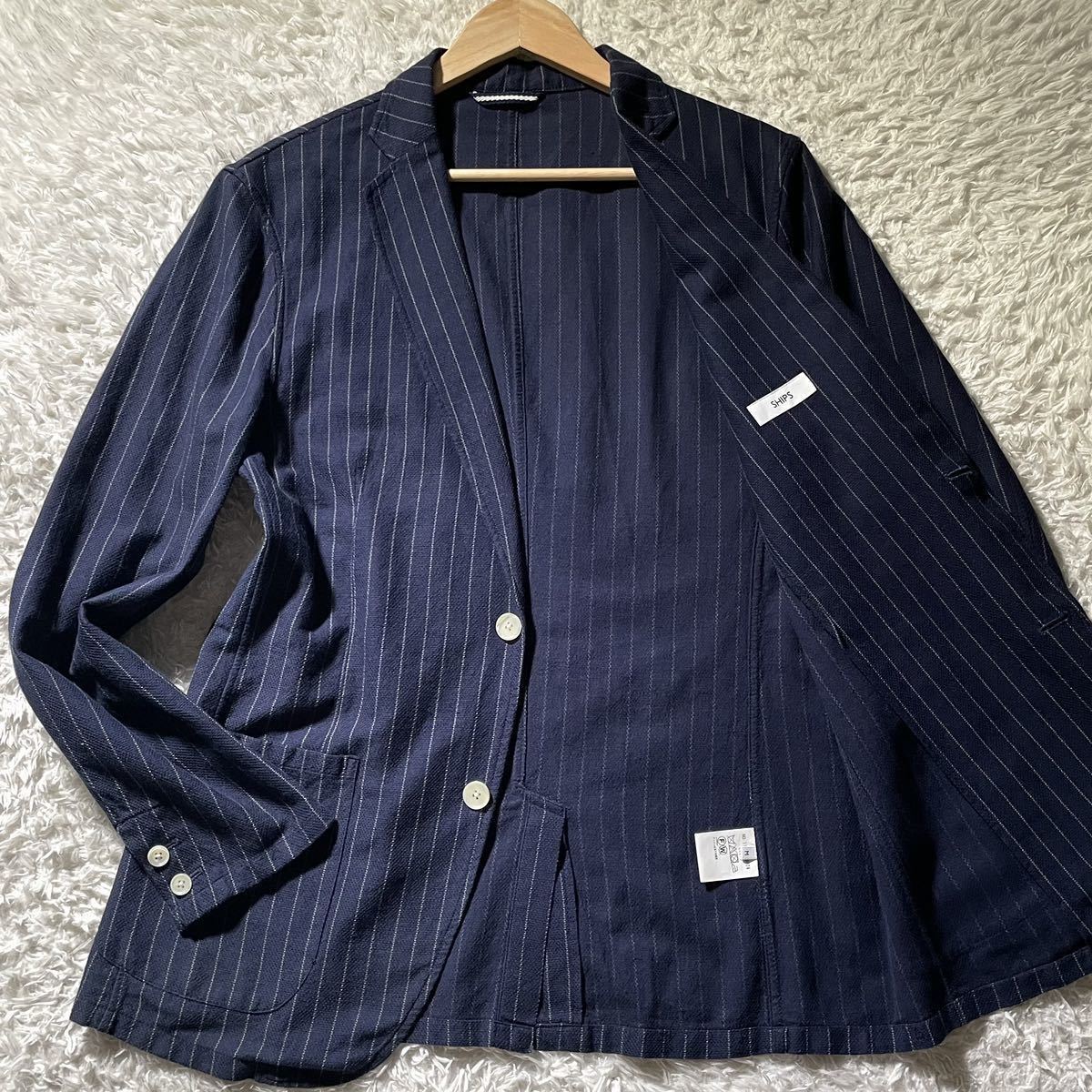 極美品/L相当●シップス リネン混 春夏テーラードジャケット サマー SHIPS メンズ アンコン コットン×麻 ネイビー 軽量 ストライプ柄
