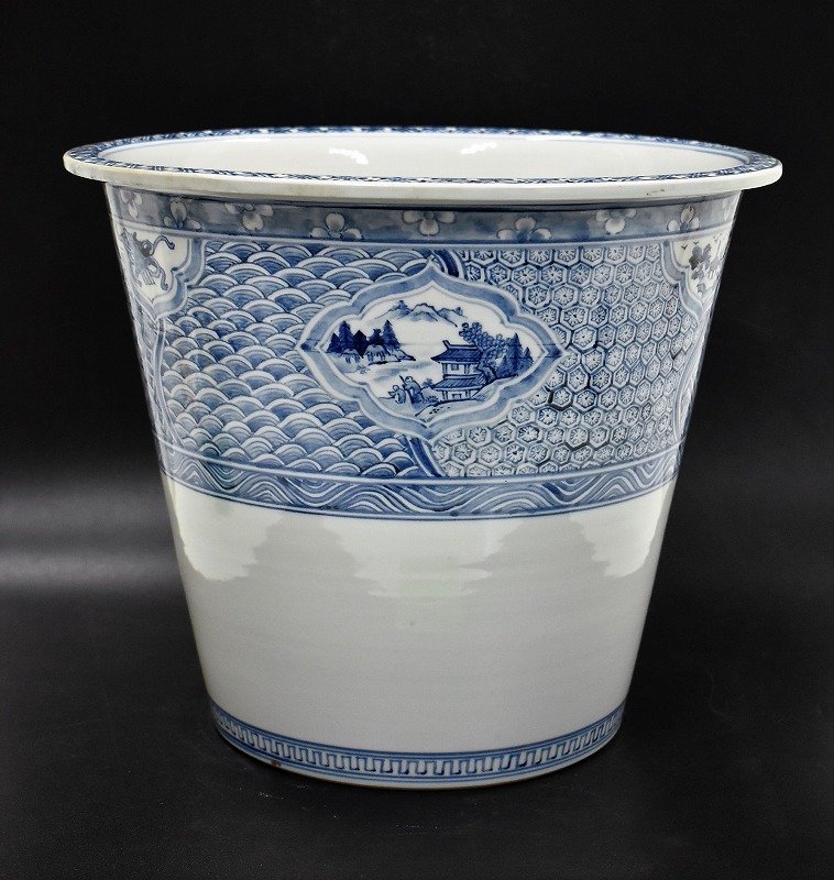 盆栽鉢 礼峰造 57㎝ 在銘 盆器 園芸 盆栽用具 古美術品 骨董品 竜E107◇レア！ 九谷焼 染付 窓絵山水 富貴福寿 大型 植木鉢 盆栽鉢 盆