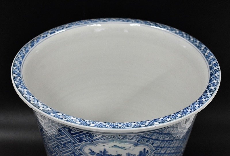 竜E107◇レア！ 九谷焼 染付 窓絵山水 富貴福寿 大型 植木鉢 盆栽鉢 盆