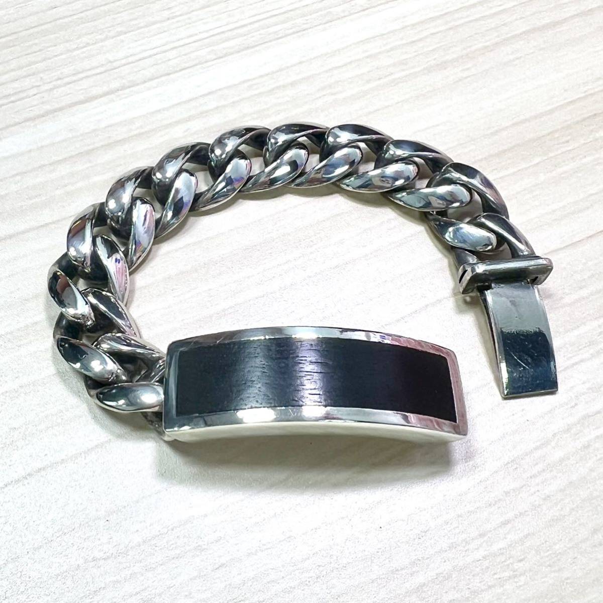 STANLEY GUESS スタンリーゲス クラシックリンク ウッドインレイドIDブレスレット エボニー シルバー