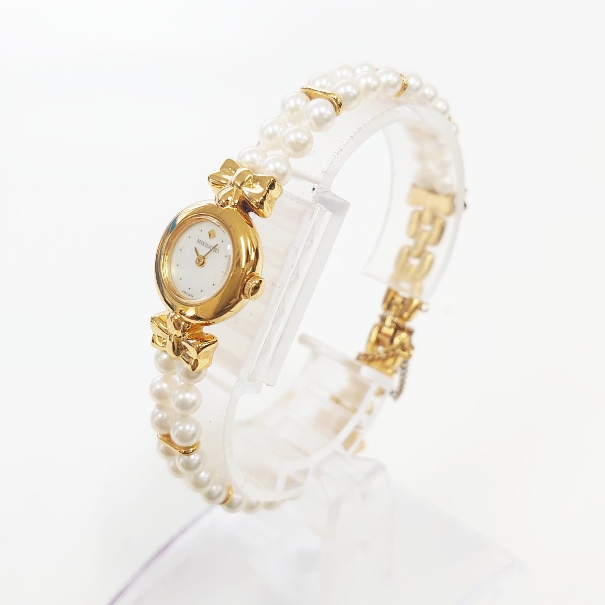 【1円スタート】MIKIMOTO ミキモト 1E20-2080 パールブレス GP ホワイトシェル文字盤 クオーツ レディース腕時計 ジャンク 171495