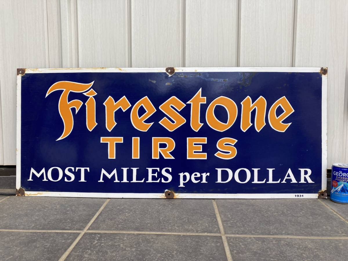 ビンテージ 大型 看板 Firestone ファイヤーストーン Most Miles per Dollar 幅91センチ / ホーロー看板 アメリカ 世田谷ベース