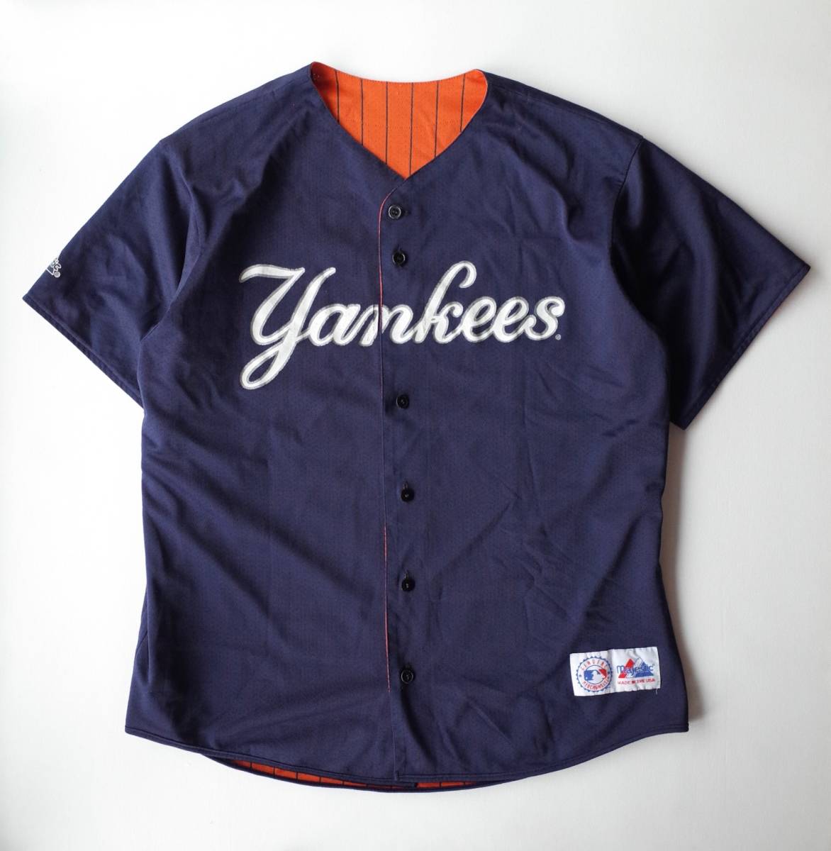 レア ■ 90's ビンテージ USA製　Majestic マジェスティック【リバーシブル】ベースボールシャツ ニューヨーク ヤンキース 紺＆オレンジ ■