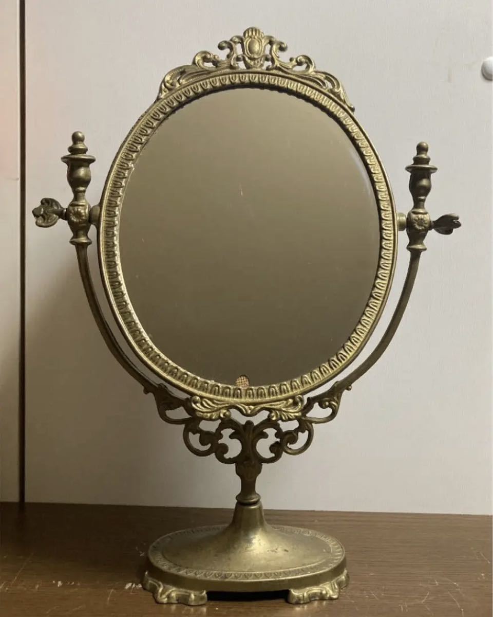 トップ アンティーク ヴィンテージミラー 鏡 真鍮製スタンド ミラー