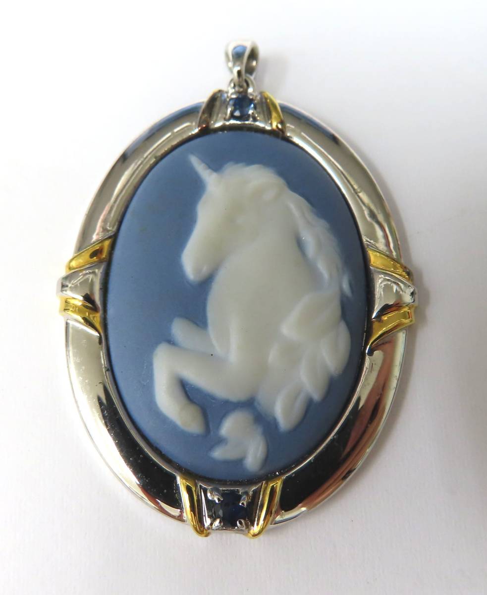 #69388 ストーンカメオ 天然サファイア付き ペンダント アクセサリー SILVER 約11.3g CAMEO 馬 ホース カラーストーン ネックレス