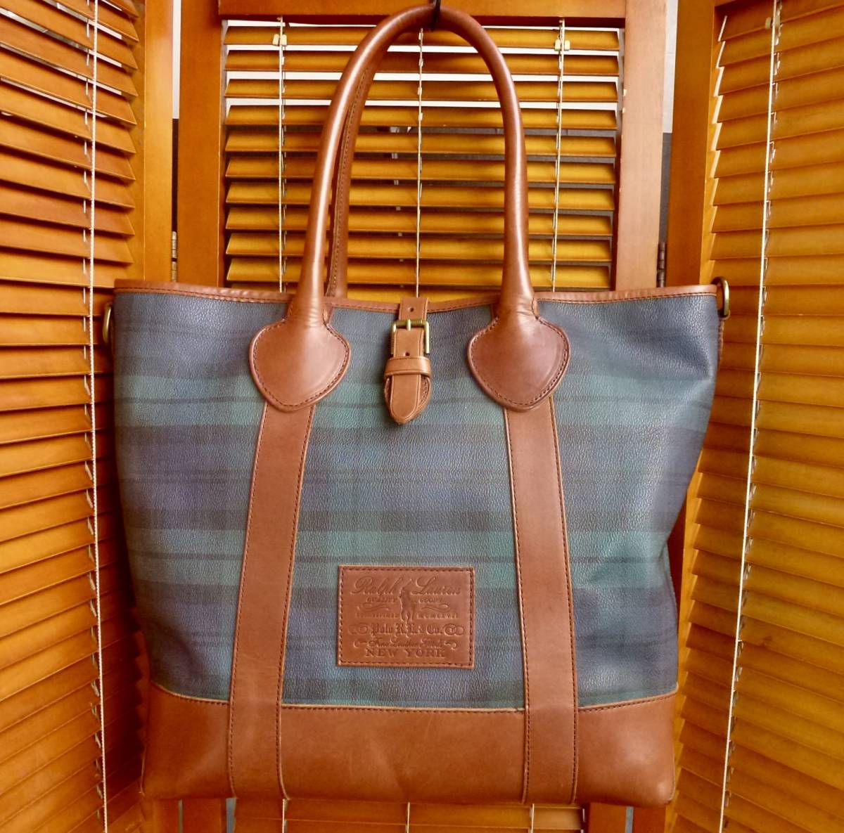ニューヨーク Polo Ralph Lauren ポロ ラルフローレン トートバッグ 牛革 ブライドルレザー ブラックウォッチ チェック 即決あり！