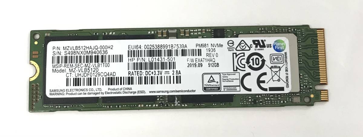 K5062032 SAMSUNG NVMe 512GB SSD 1点【中古動作品】