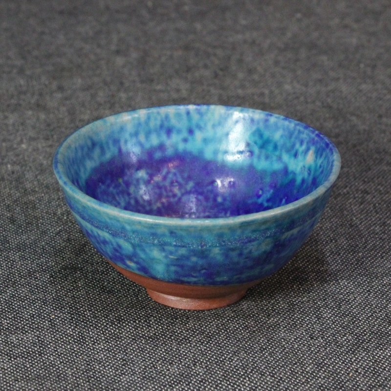 ☆中国美術 建泰焼 孔雀藍釉煎茶碗 中国現代陶芸作品 トルコ釉☆(骨董