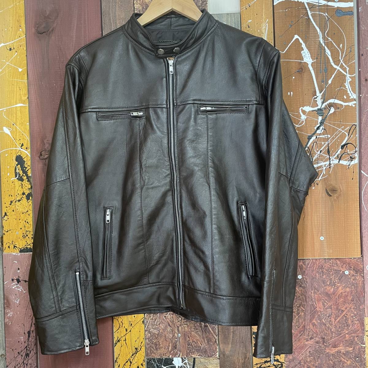 訳あり 本革 レザージャケット ライダース シングル ブラウン Lサイズ リプロダクトレザー 牛革 革ジャン カジュアル 普段着 ユニセックス