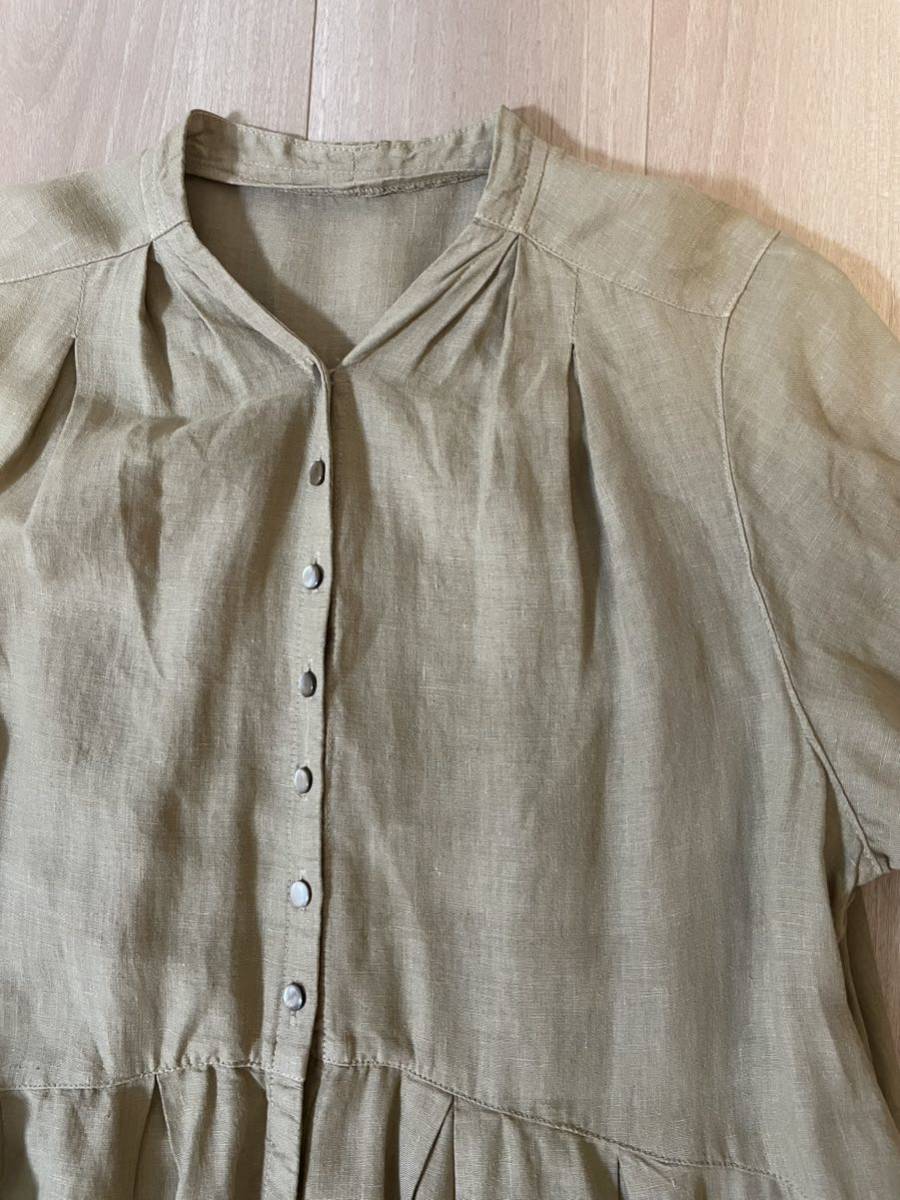 新品ネストローブ リネンテープ装飾スクエアネックワンピース 麻100