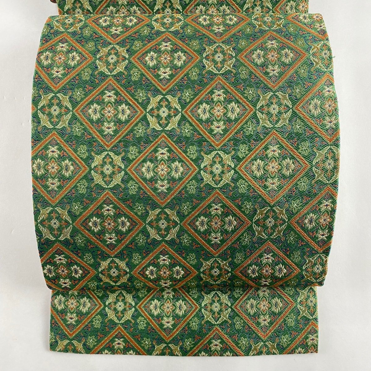 開き名古屋帯 美品 秀品 華文 菱 金糸 緑 正絹 【中古】