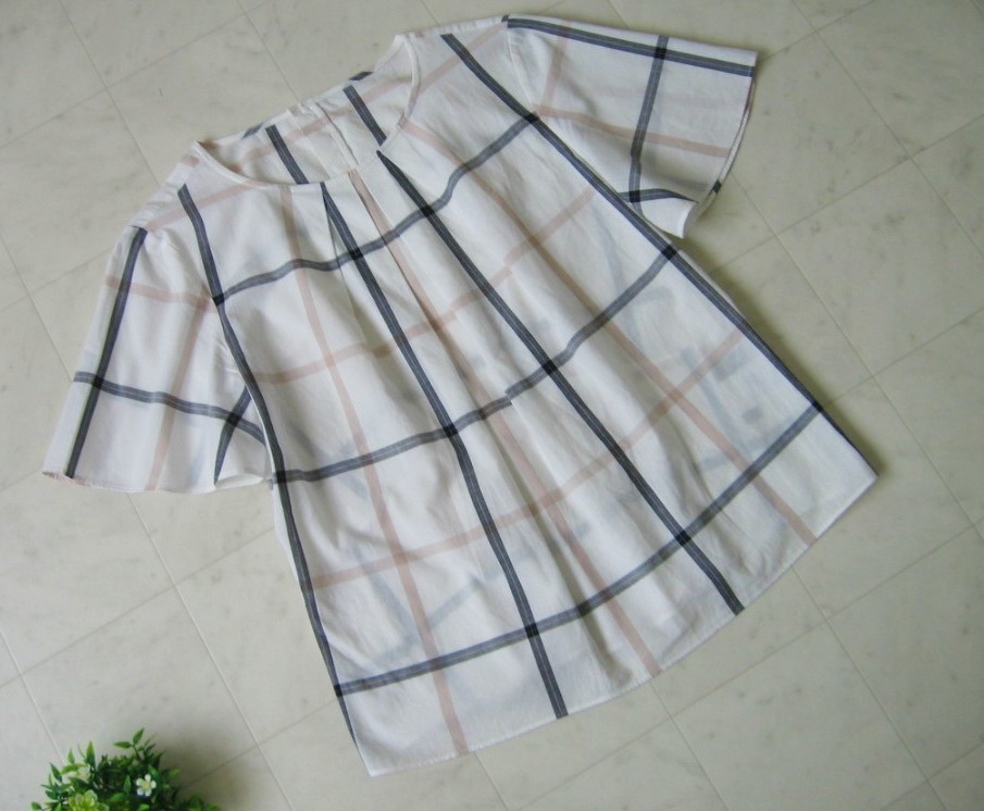 美品 リフレクト Reflect ワールド ★ 洗える♪ チェック柄 プルオーバーブラウス 9 コットン100% 白ホワイト系