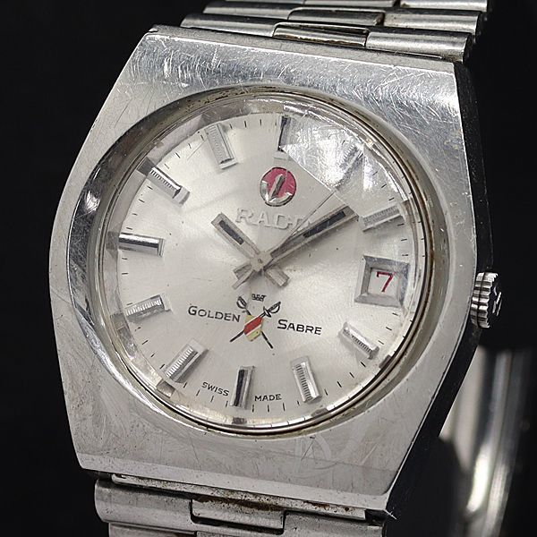 1円 ラドー AT/自動巻 11044 ゴールデンサーベル デイト カットガラス ラウンド アンティーク シルバー文字盤 メンズ腕時計 0506000STU