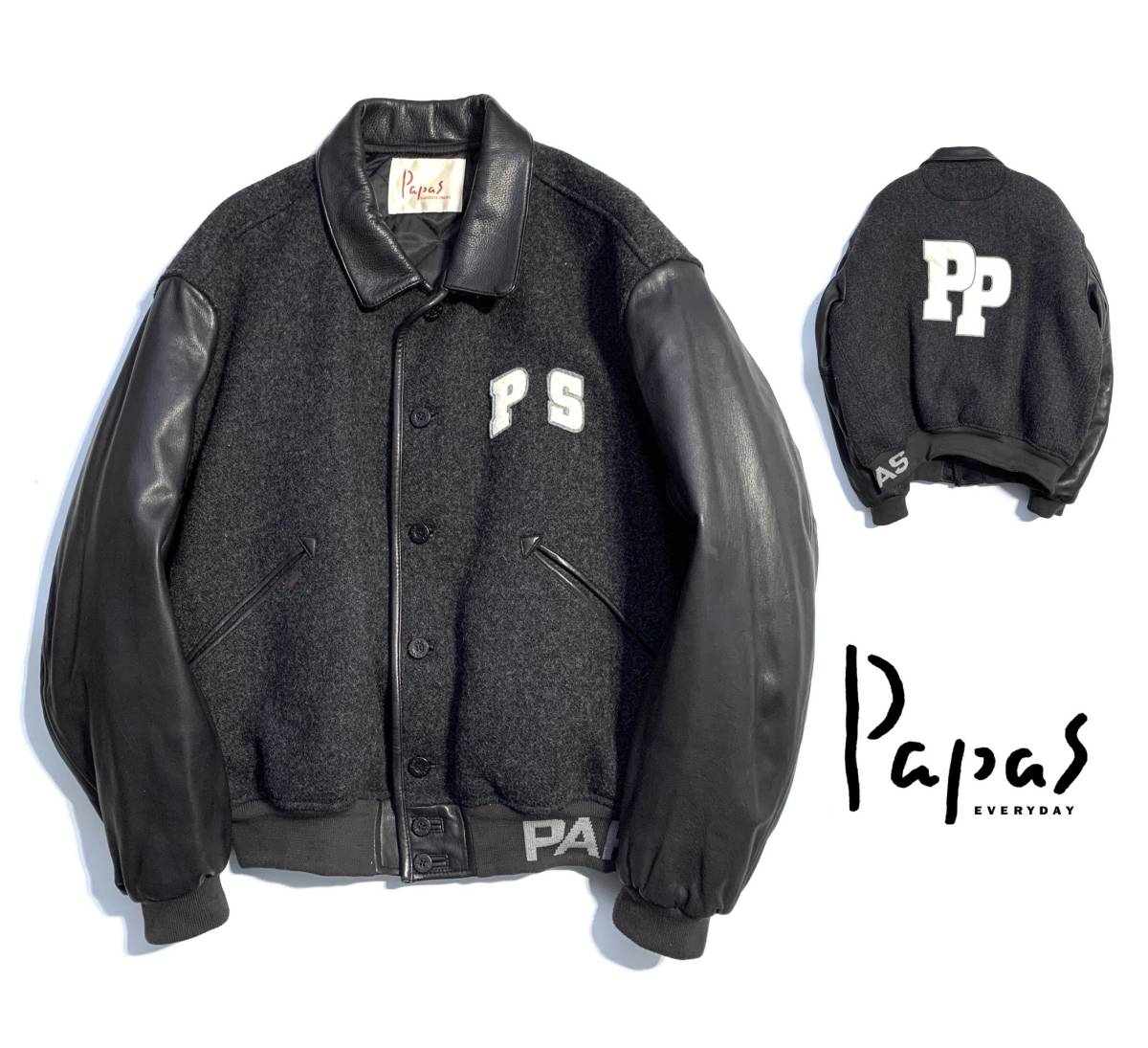 パパス 最高級定価10万超Papas 袖レザー スタジャン L鹿革 Papas