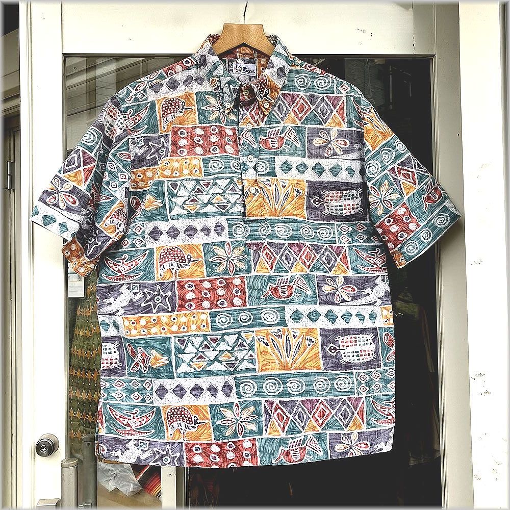 ★レインスプーナー　ハワイ製　３点留め　ボタンダウン　プルオーバー　半袖シャツ　動物　植物★検 アロハシャツ ハワイアンシャツ 古着