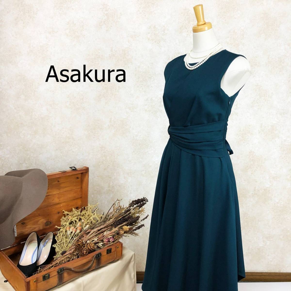 アサクラ ワンピース ドレス グリーン サイズ38 M ミモレ丈 サイドスリット リボン レースアップ 緑 ノースリーブ 結婚式 二次会 B-484