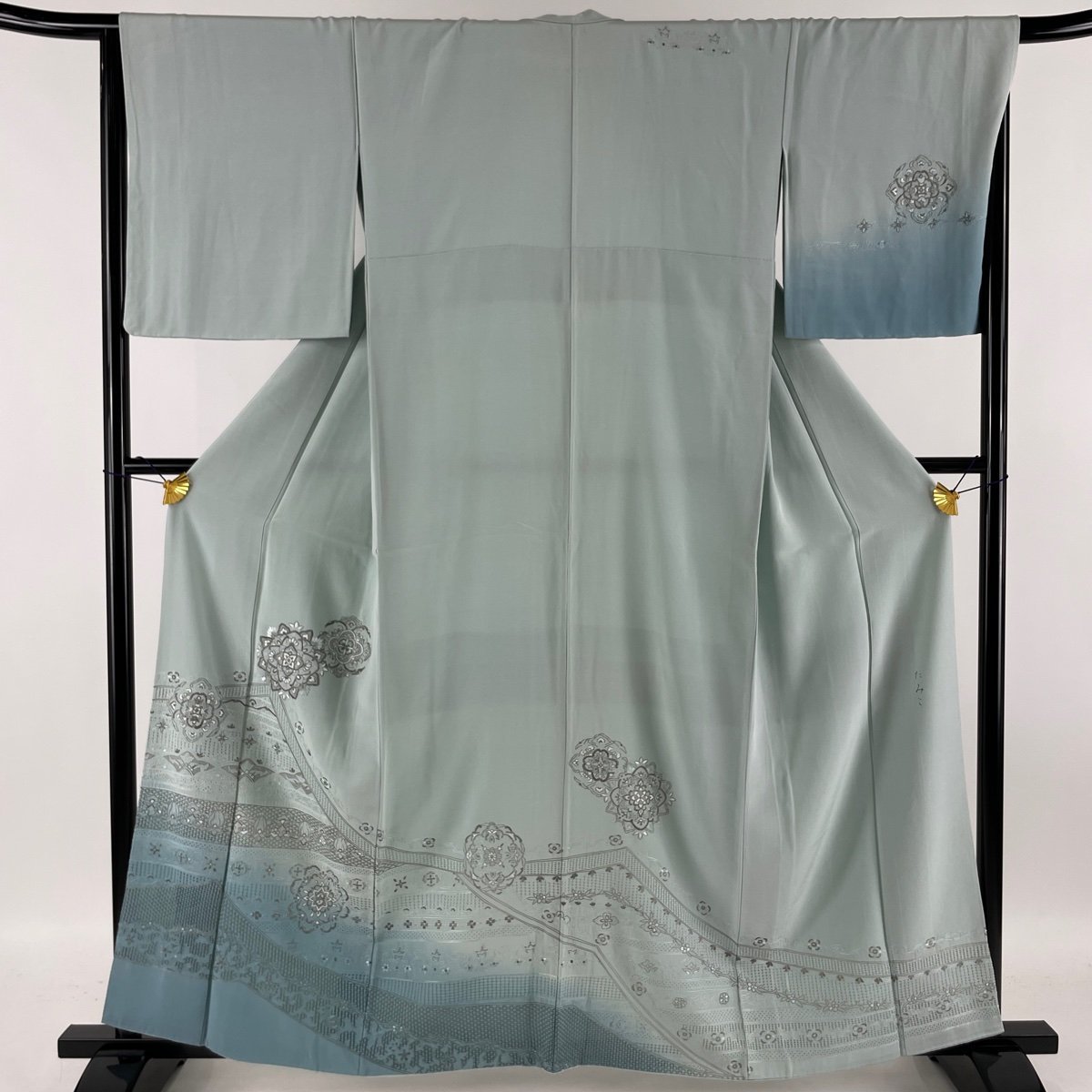 訪問着 秀品 一つ紋 華文 草花 銀糸 刺繍 水色 袷 身丈158cm 裄丈65.5cm M 正絹 【中古】
