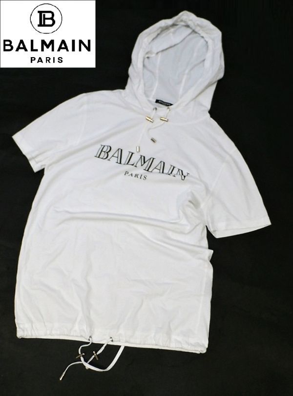 国内正規 BALMAIN MENS アイコンLOGO プリント半袖パーカー バルマン ロゴ フード付きＴシャツ T-SHIRT S/S フーディー ホワイト S JA-5-13
