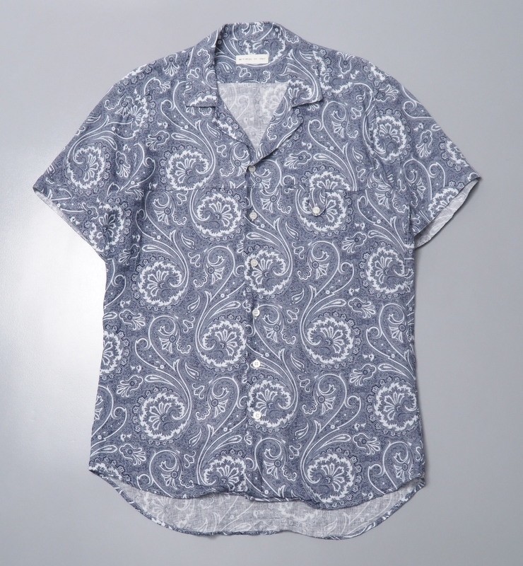 TF2279◇イタリア製 ETRO エトロ*メンズM ペイズリー柄 半袖 開襟 オープンカラーシャツ 麻 リネンシャツ ネイビー系
