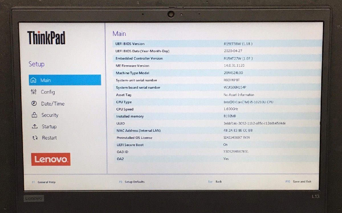 1円 ジャンク LENOVO ThinkPad L13 / 第10世代 / Core i5 10210U 1.60 