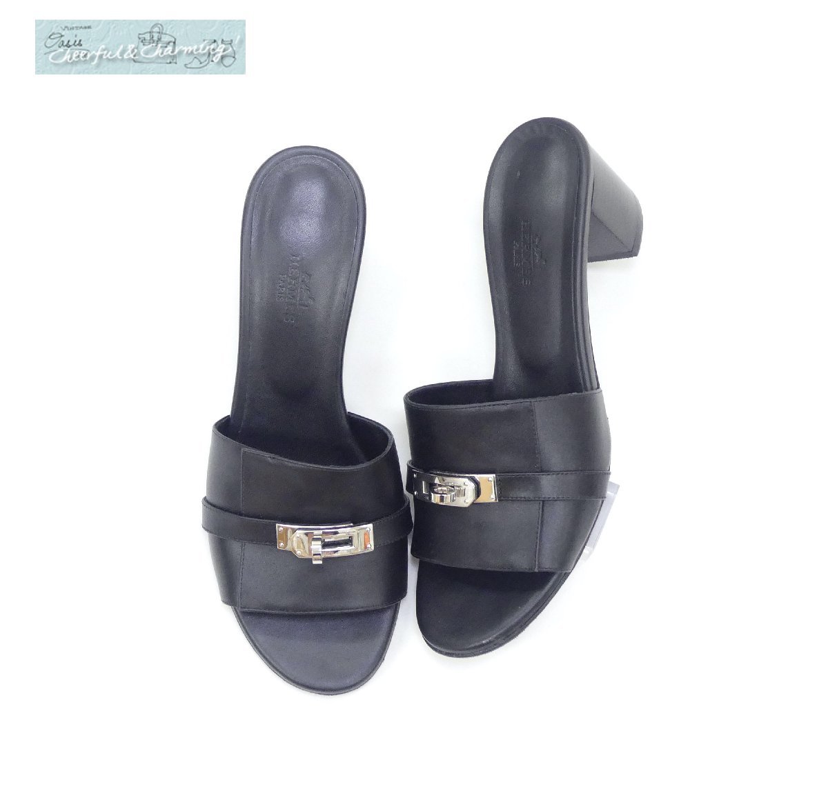 HERMES サンダル ジジ50 38 ブラック シルバーケリー金具 レザー