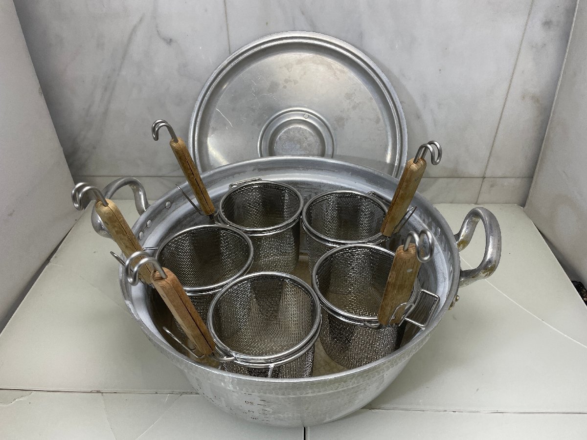 ○OG○ ゆで麺鍋 両手鍋 テボ×5 テボ受け 5穴 中古品 業務用 ラーメン