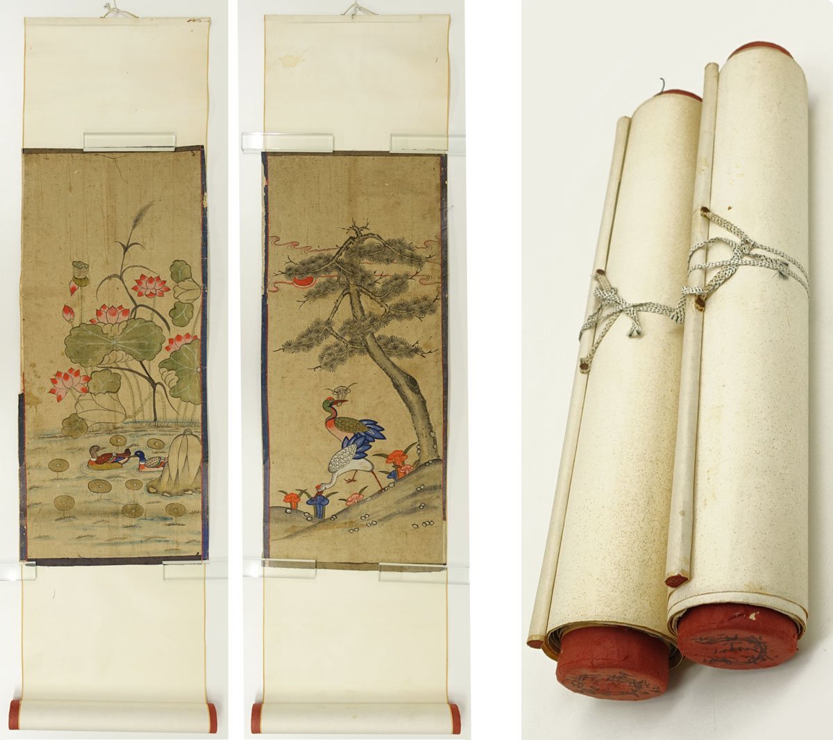 喜聞◇『朝鮮民画(李朝民画) 花鳥画メクリ2種(4)』 2枚 古筆 古文書