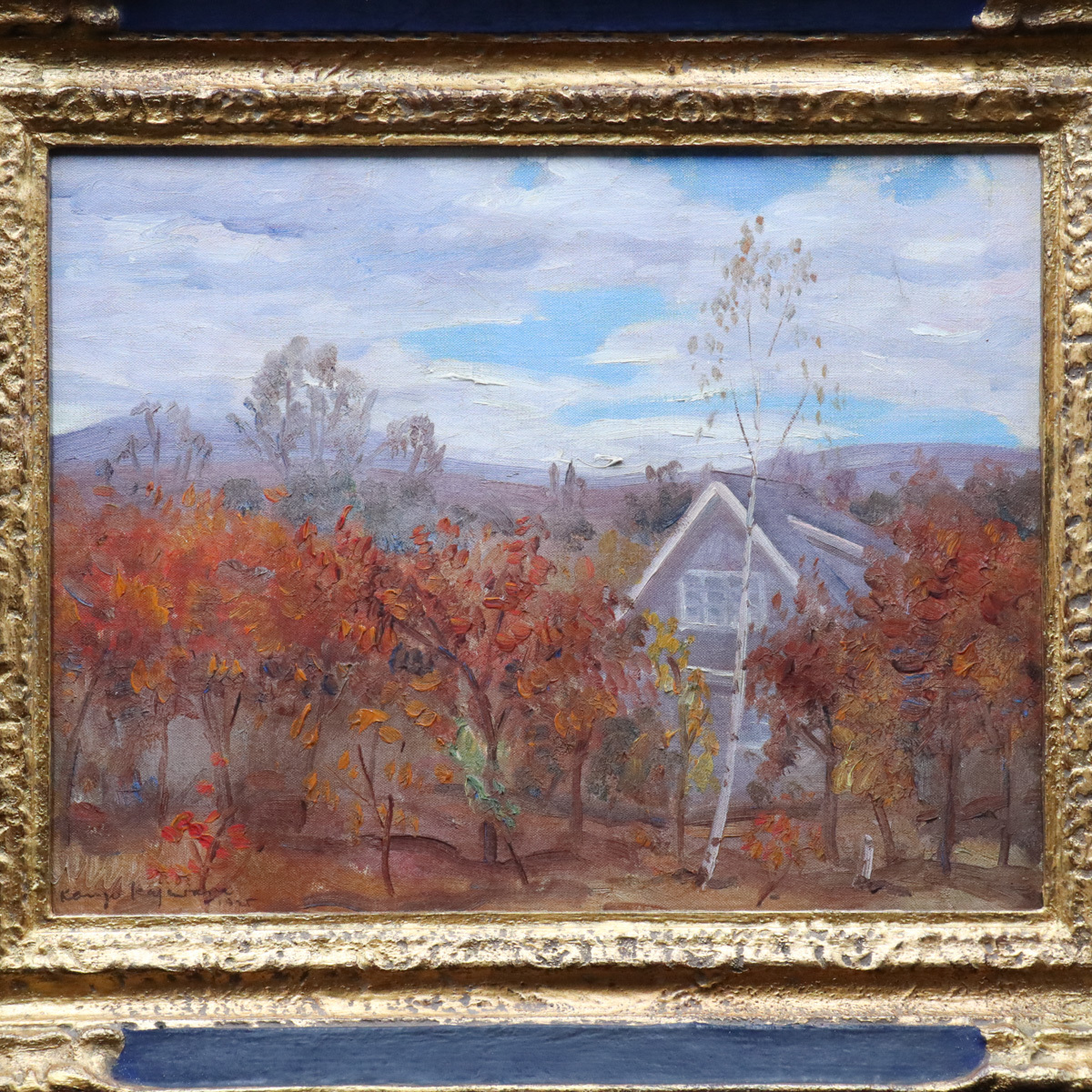 ◉真作 光風会 梶原貫五 油彩風景画 F8号 仮題：夏の雑木林(白樺)福岡