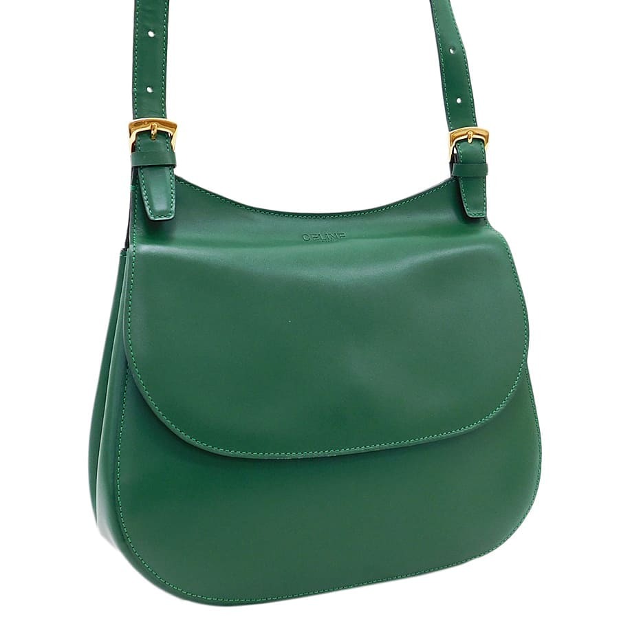 1円 ■ 美品 セリーヌ ショルダーバッグ グリーン系 レザー トロッター お出かけ CELINE ■E.Csmr.zE-4