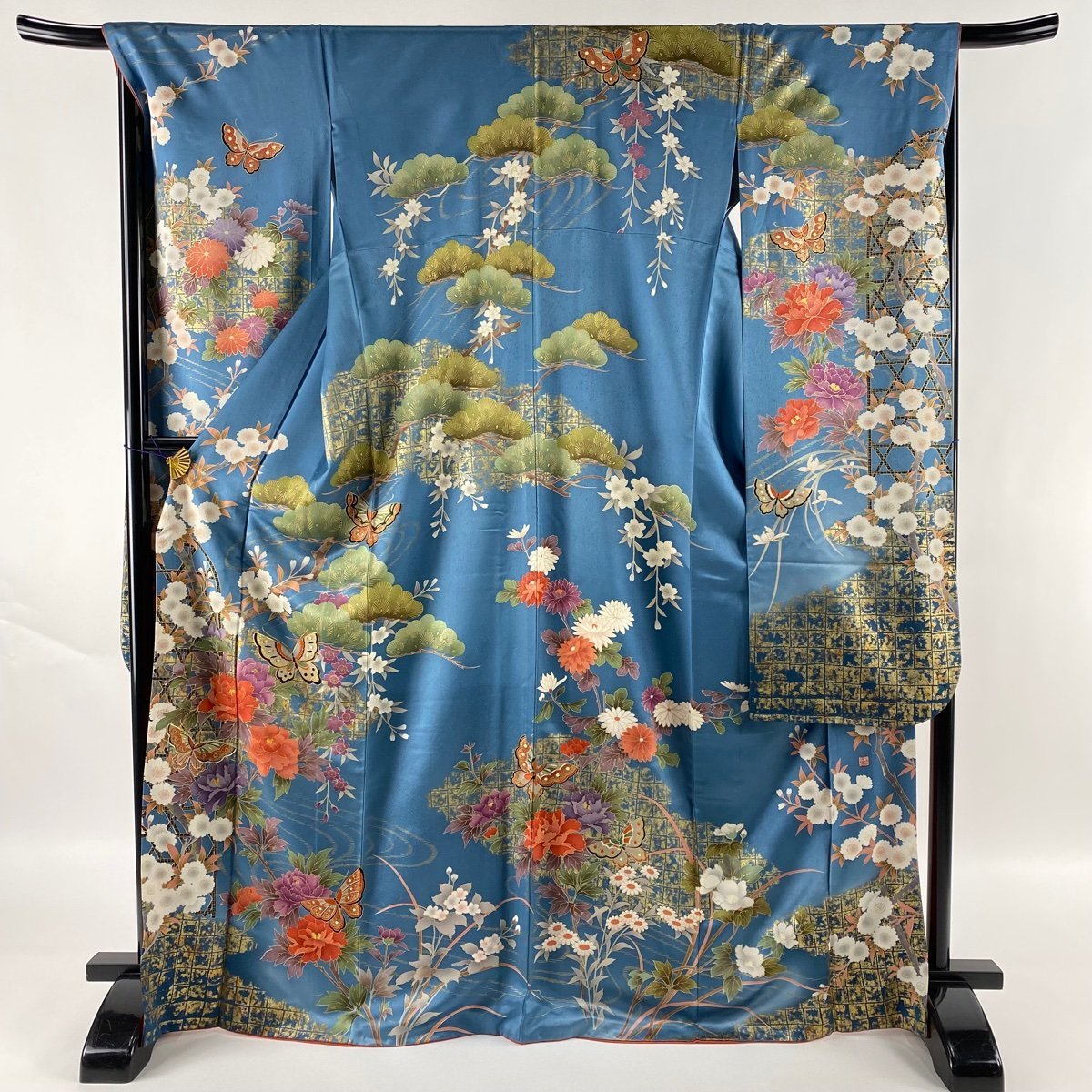 振袖 秀品 蝶 草花 金糸 金彩 青灰色 袷 身丈168cm 裄丈67cm M