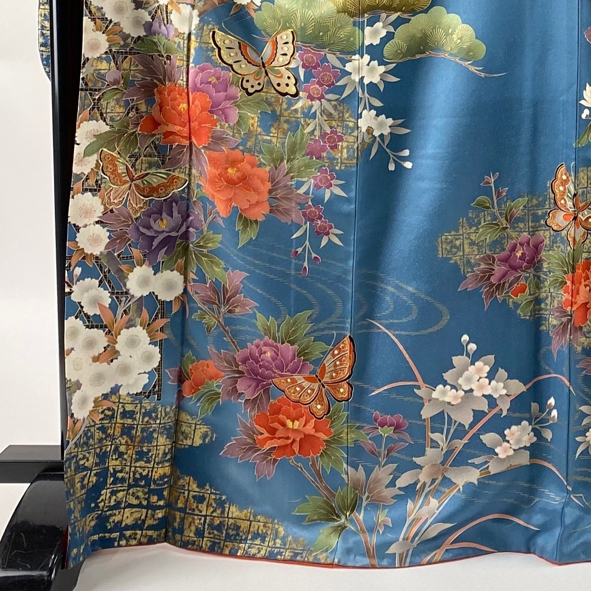 振袖 秀品 蝶 草花 金糸 金彩 青灰色 袷 身丈168cm 裄丈67cm M