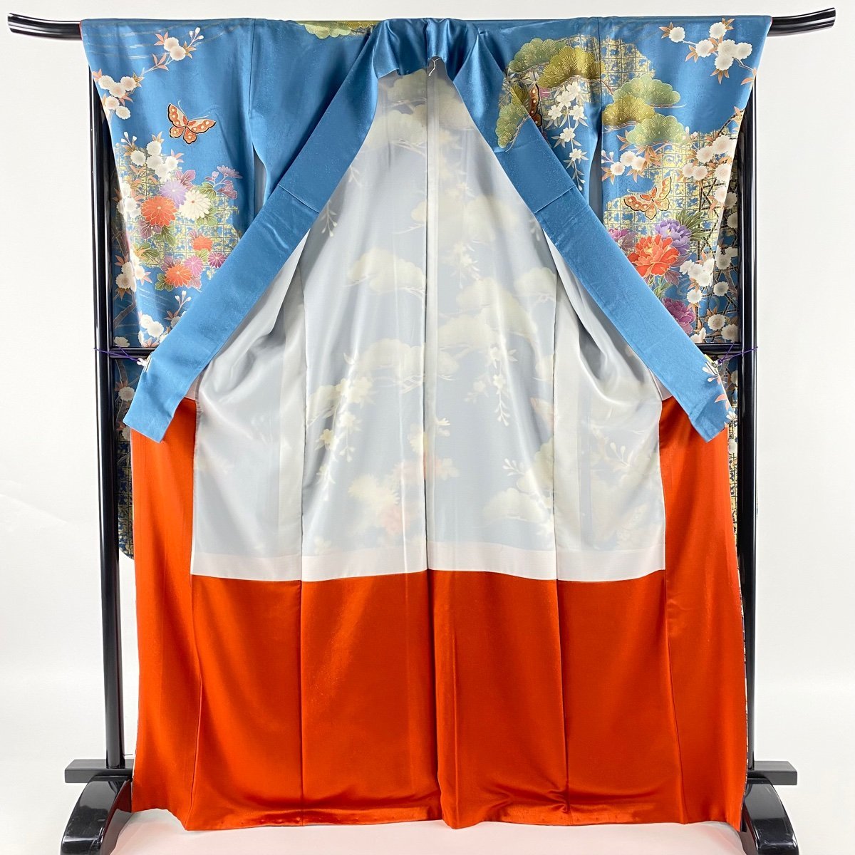 振袖 秀品 蝶 草花 金糸 金彩 青灰色 袷 身丈168cm 裄丈67cm M