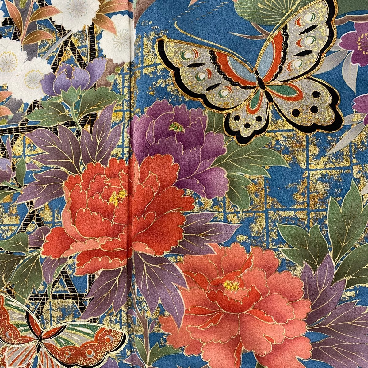 振袖 秀品 蝶 草花 金糸 金彩 青灰色 袷 身丈168cm 裄丈67cm M