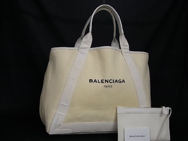 1円 BALENCIAGA バレンシアガ 339936 ネイビーカバスXL キャンバス ポーチ付き トートバッグ ショルダー 肩掛け クリーム系 AN1035S1