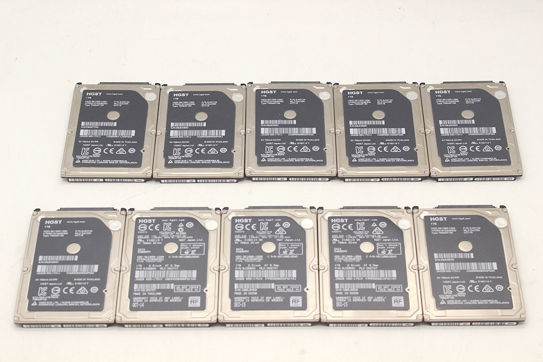 健康状態正常 10台セット 純正Apple 中古HDD 1TB 1000GB 2.5インチ 5400rpm SATA 9.5mm HGST製 HTS5410 データ削除済 抜き取り品 税無