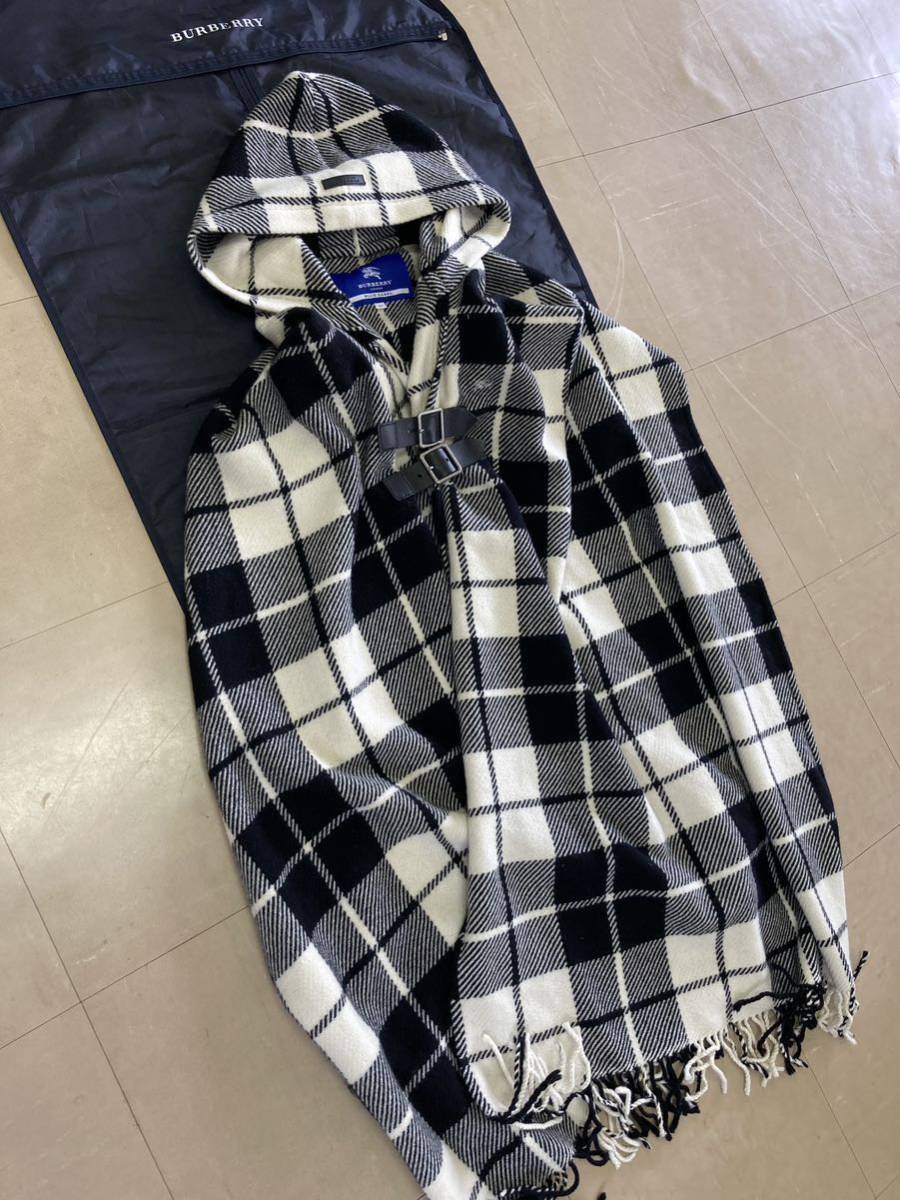 【秋冬】BURBERRYBLUELABEL バーバリーブルーレーベル レディース38 フード付 ウールポンチョ ロングストール フリンジ チェック 日本製 白