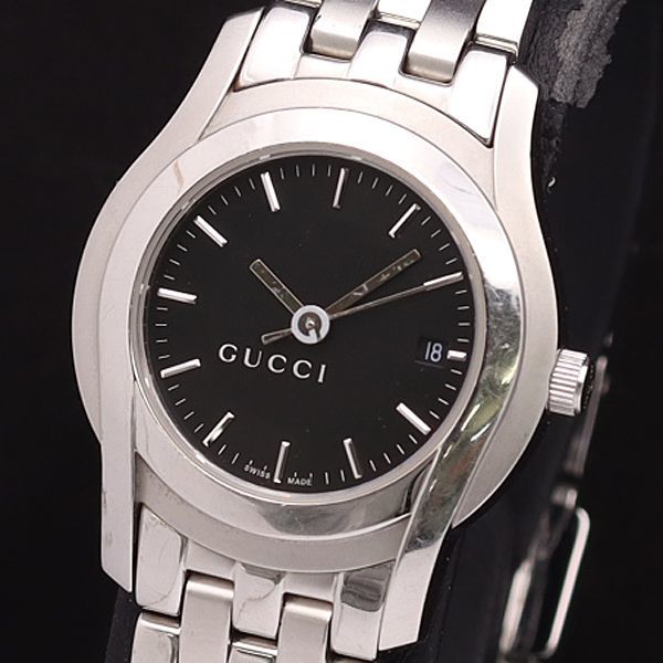 1円 稼働 良品 グッチ QZ 5500L デイト ラウンド 黒文字盤 レディース腕時計 XYZ 8801100YSD