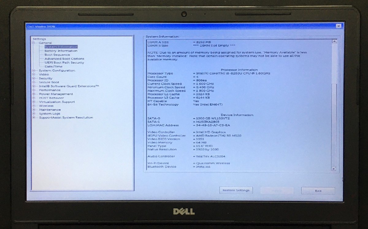 1円～ □ジャンク DELL VOSTRO 3578 / 第8世代 / Core i5 8250U 1.60