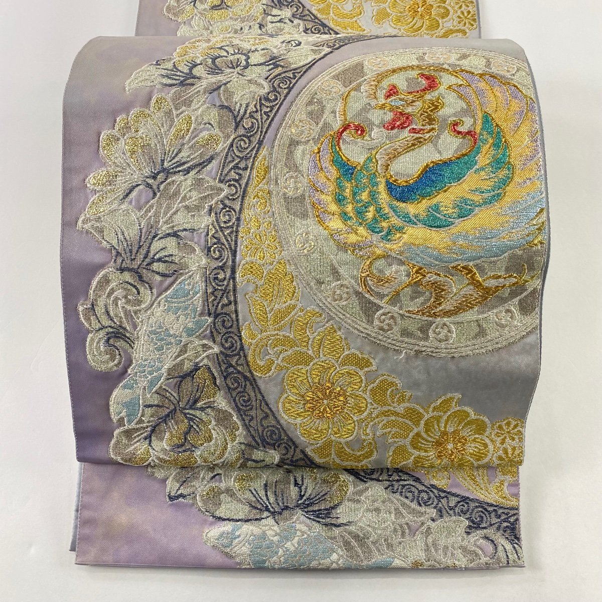 袋帯 秀品 宝華栄鯉文 花鳥 金銀糸 箔 薄紫 六通 正絹 【