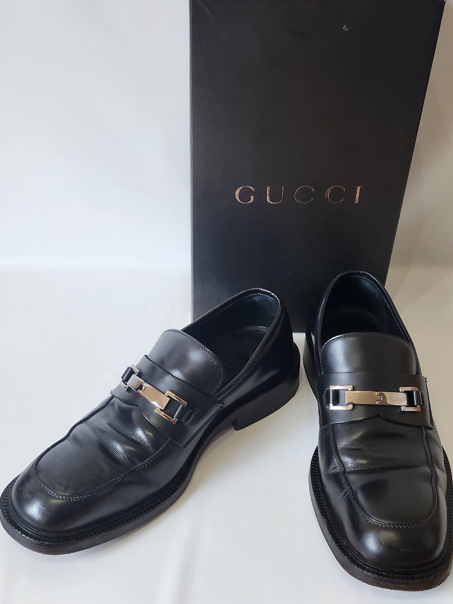 GUCCI グッチ ビジネスシューズ ローファー 革靴 金具 ロゴ プレート 41E 26～26.5相当 箱あり ブラック 黒